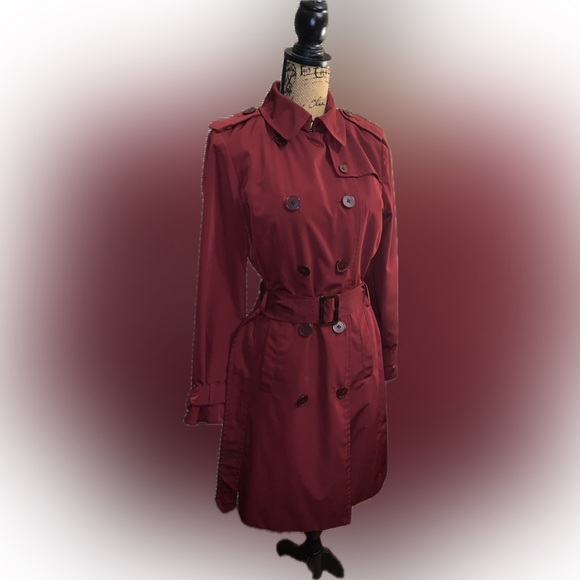 London Fog Burgundy Maroon Wine Red Trench Coat Tortoiseshell Belt Buckle Coat S - Picture 1 of 12
